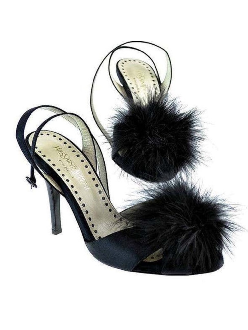 Yves Saint Laurent Black Feather Pom-Pom Slingback Heels Box Included